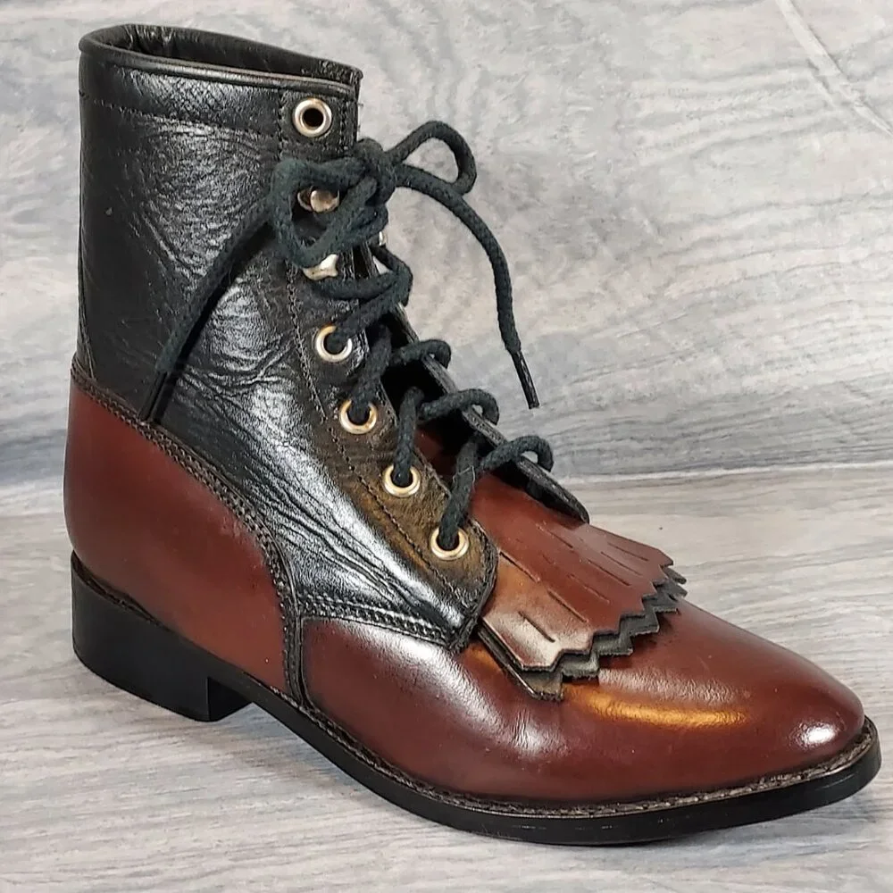 Laredo Kiltie Boots Roper Leather Packer Lace Up Western Girl's Size 4.5 M India